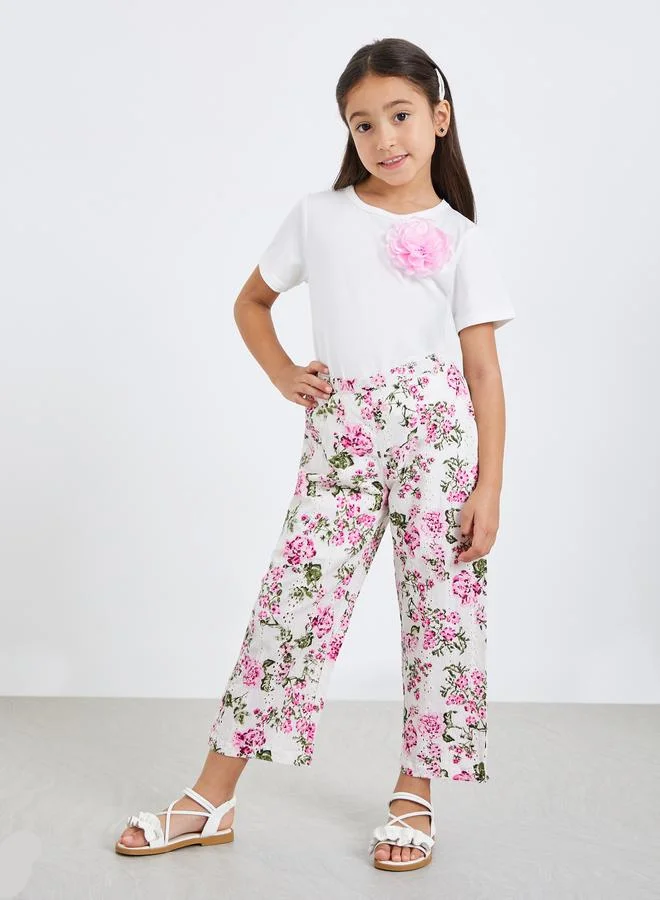 Styli Girls Floral Print Schiffli Pants